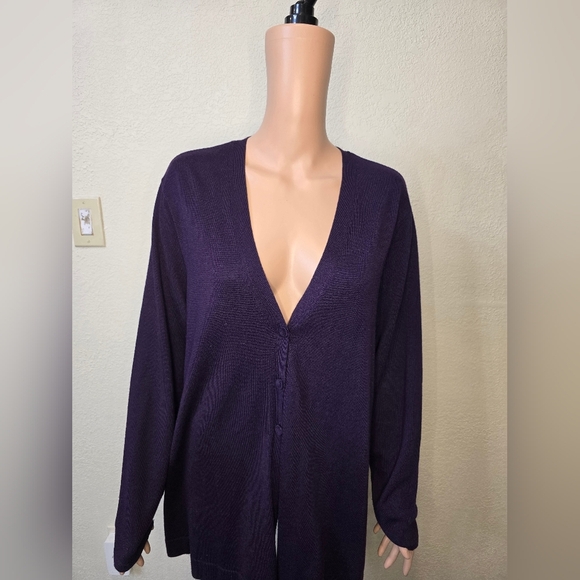 J Jill Long Cardigan V-Neck Sweater  EGGPLANT PURPLE 3 Button Wool Blend Xl - Picture 4 of 12